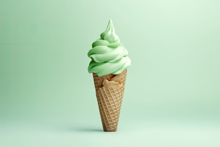 mint ice cream cone on light green background, ai generated.の素材