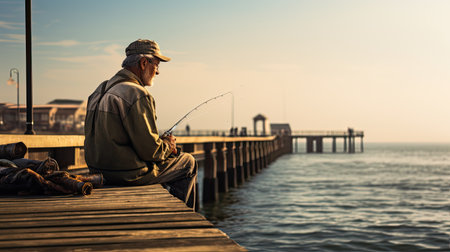 fisherman with a fishing rod catches fish on the embankmentの素材