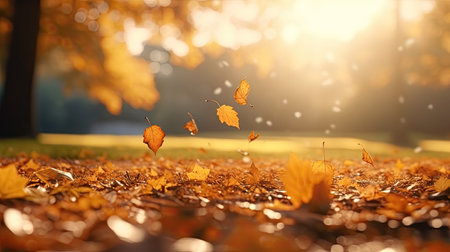 Beautiful autumn landscape with yellow falling leaves. foliage in the parkの素材