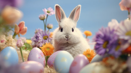 colourful flowers and bunny on light pastel background. easter background.の素材