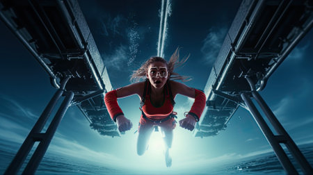 lifeguard woman jumping into the water from a rescue boat saves someone under water in ocean waves.の素材