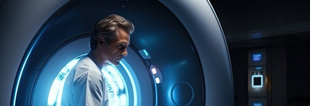 scared man lies in the MRI machineの素材