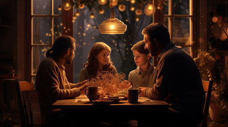 happy family is sitting at the table, Christmas tree in living room, New Year's atmosphere.の素材