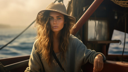portrait of a young beautiful woman fisher on a fishing boat. High quality photoの素材