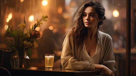 portrait of beautiful girl with bouquet of flowers sitting in a cafe, it is raining outside.の素材