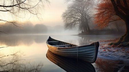 early winter morning, wooden boat on the river.の素材