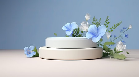 white podium with blue flowers on light pastel background. stage for presentation cosmetic productの素材
