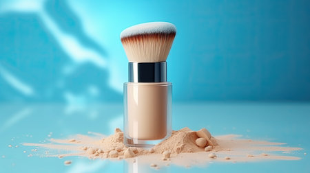 makeup brush for face powder on pastel blue background.の素材