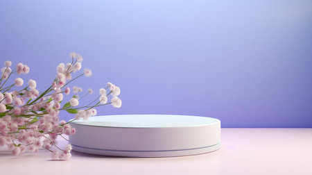 white podium with flowers on light pastel pink blue background. stage for presentation cosmetic productの素材