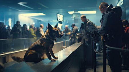 airport security. a lot of people and police in airport terminal.の素材