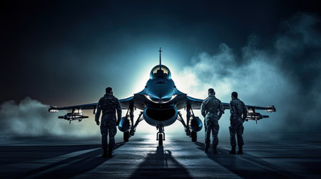 Pilots stand next to the fighter jet.の素材