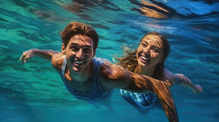 cheerful young couple dressed in swimming suits swim in the sea.の素材