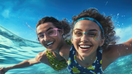 cheerful young couple dressed in swimming suits swim in the sea.の素材
