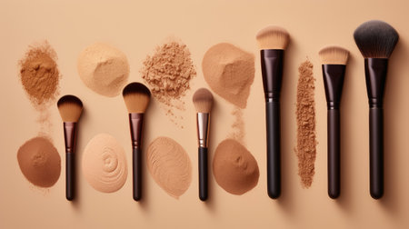 Liquid foundations, makeup brush, swatches and face powder on beige background.の素材