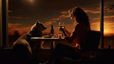 silhouette of woman with wine glass sits at a table , dog near the table.の素材