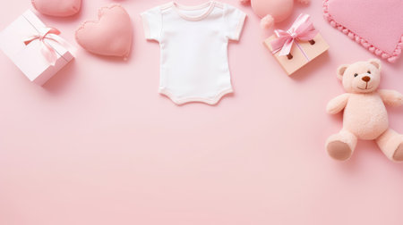 baby toys, clothes on pink background with copy spaceの素材