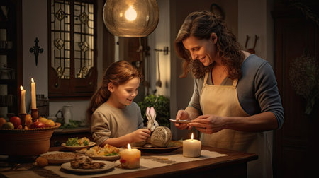 happy family preparing easter dinner.の素材