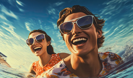 cheerful young couple dressed in swimming suits swim in the sea.の素材