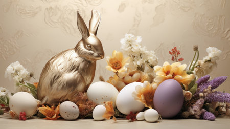 golden rabbit and many eggs sitting next to each otherの写真素材