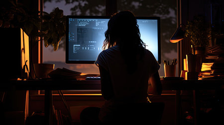 silhouette of a girl sitting at a computer at night.の素材