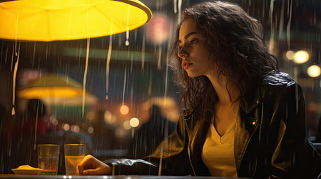beautiful young woman is sitting in a cafe, it is raining outsideの素材
