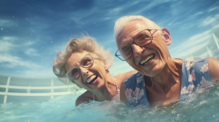 cheerful couple of old people swim in the sea.の素材