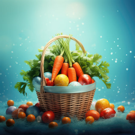 basket filled with colorful easter eggs and carrot.の素材