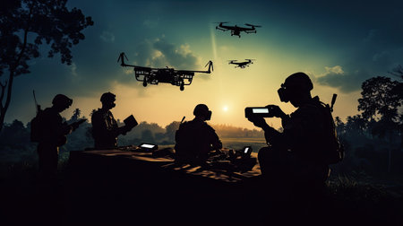 Silhouettes of soldiers using drone and laptop for military operation at sunsetの素材
