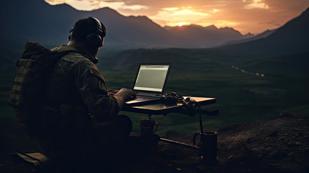 Silhouettes of soldiers using drone and laptop for military operation at sunsetの素材
