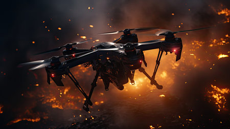 Military spy drone over war zone at sunset .の素材