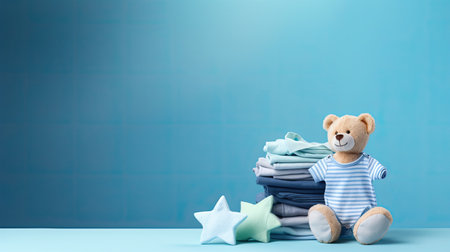 baby toys, clothes on blue background with copy spaceの素材