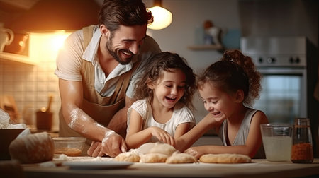 happy family preparing dough for paneton, easter dinner.の素材