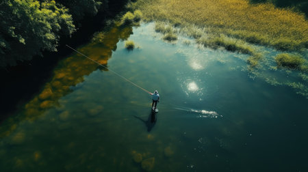aerial view of fisherman with a fishing rod catches fish on the river at sunriseの素材