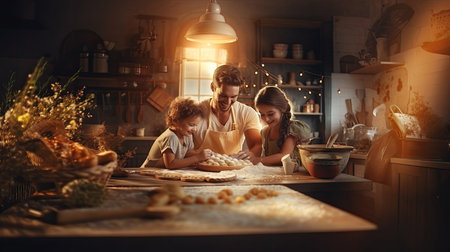 happy family preparing dough for paneton, easter dinner.の素材