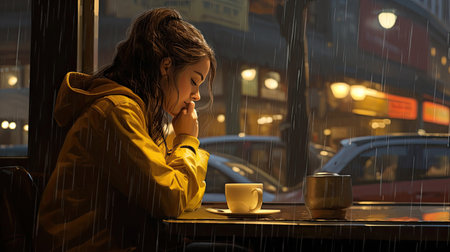 beautiful young woman is sitting in a cafe, it is raining outsideの素材