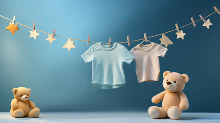 baby toys, clothes on blue background with copy spaceの素材
