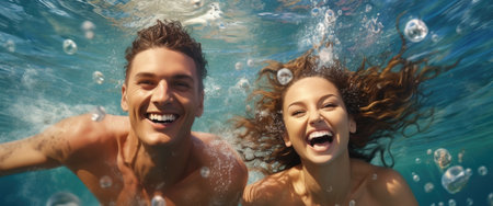 cheerful young couple dressed in swimming suits swim in the sea.の素材