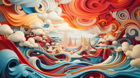 colourful waves and clouds, paper cut design.の素材