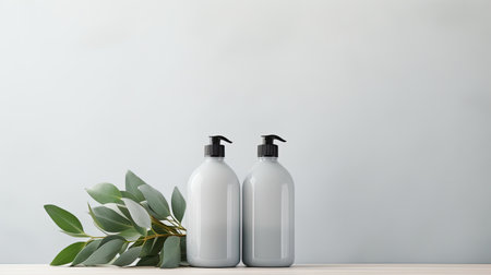 bio organic bottle of cleaning product and leaves on light background with copy space.の素材