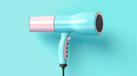 blue hair dryer isolated on blue background.の素材