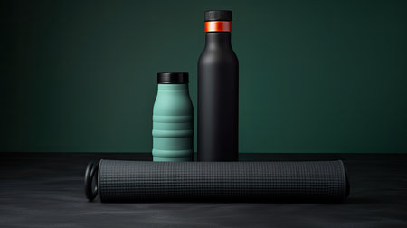 Yoga mat and sport bottle on dark background.の素材