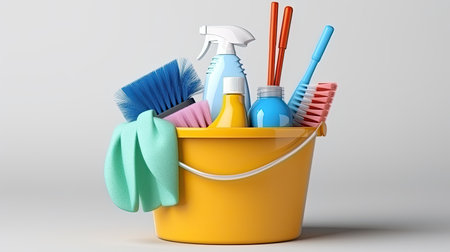 plastic bucket with cleaning products isolated on white backgroundの素材