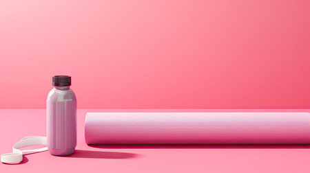 Yoga mat and sport bottle on pastel pink background.の素材