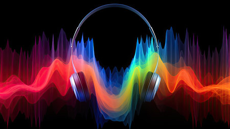 headphones and colourful sound waves on black backgroundの素材