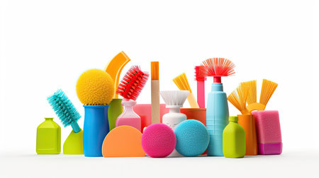household cleaning products, cleaning brushes, sponges and rag.の素材