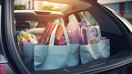 shopping bags and flowers in family car trunk in spring day. gifts, ai generatedの素材
