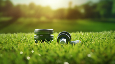 fitness equipment, big gym dumbbells on color backgrounndの素材