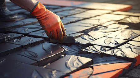 male worker lays paving slabs outdoor, pavementの素材