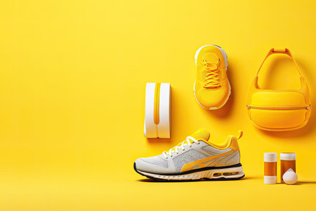 Sport equipment on yellow background.の素材