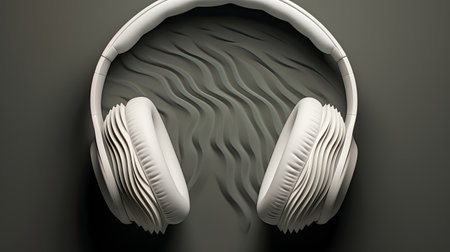 headphones and colourful sound waves on gray backgroundの素材